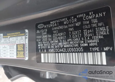 2020 Hyundai Tucson Value из США, поврежденный, VIN KM8J3CA42LU093305